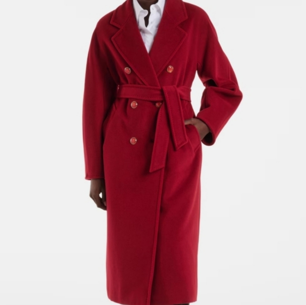 MaxMara Red Hand-Sewn 90% Belted Wool Coat